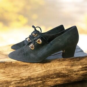 Chic Women's Forest Green Suede Heels with Gold Details